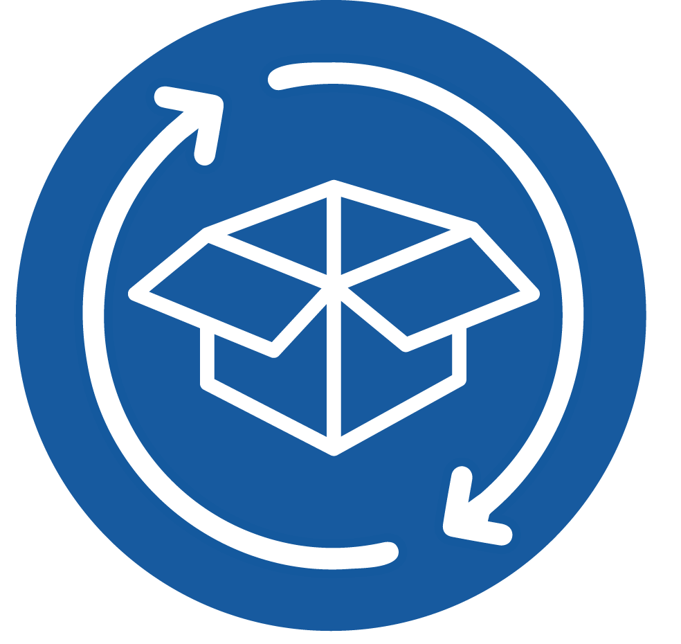 Clinical product return and destruction icon - an open box with circular arrows around it