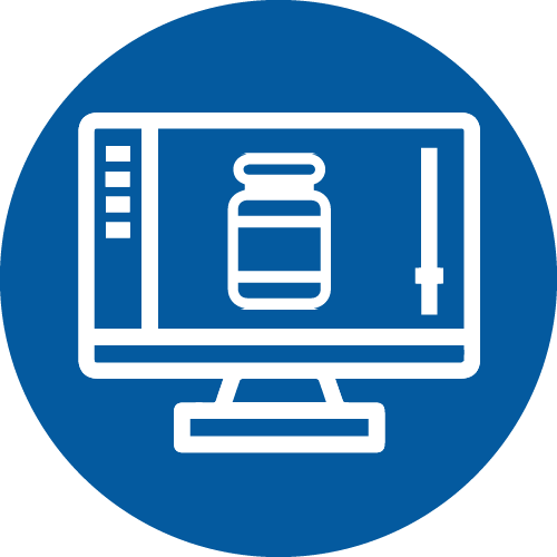 clinical packaging & label design services icon - a computer screen with a pill bottle on it