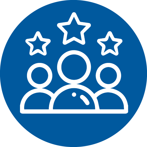 clinical supply experts icon - three people with stars above them