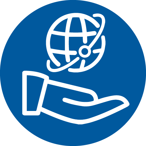 specialized capabilities and global service icon - a globe above an open-palmed hand